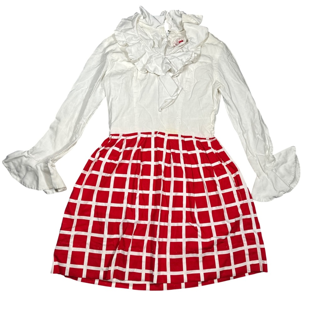Vintage 70s Jerell of Texas Dress Red White Grid Ruffle Collar Bell Cuff Sleeve